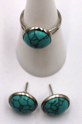 Auktion 372<br>Set, Edelstahl mit türkisfarbenen Steinen, Ring und Ohrstecker [1]