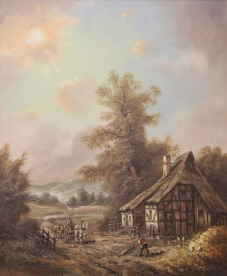 Auktion 372<br>Sigurd NEANDROSS (1871-1958), Kate mit Personen, Öl/Leinwand, gerahmt, RG 80 x 69cm [1]
