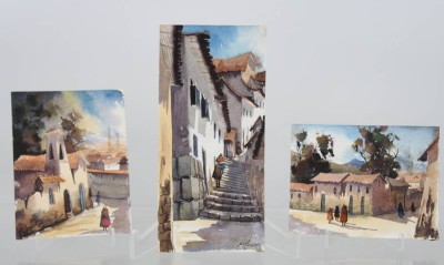 Auktion 372<br>3x kl. Aquarelle, 1x signiert, Peru, ungerahmt,  ca. BG 23,5 x 11cm u. 15,5 c 12cm [1]