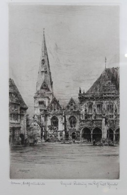 Auktion 372<br>Professor Paul Geissler,  Liebfrauenkirche in Bremen, Radierung, ger./Glas, RG 40 x 30cm [1]