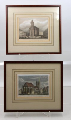 Auktion 372<br>2x dekor. Ansichtengrafiken mit Kirchenmotiven, Nürnberg und Frankfurt, je ger./Glas, RG 27x 31cm [1]