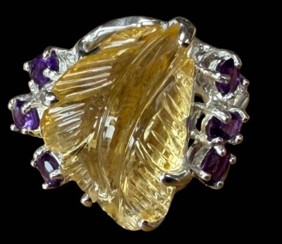 Auktion 372<br>Silberring_925- mit gr. gravierten Citrin, 24 Karat, und  6 Amethyste, RG 57, ungetragen, 9,71 gr. [1]