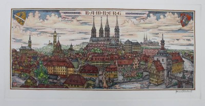 Auktion 372<br>Farbradierung der Stadt Bamberg, Hannes Rischert (1901-?), ungerahmt, BG 33,5 x 52,5cm [1]