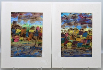 Auktion 372<br>2x abstrakte Dorfansichten, je signiert Bela o.ä., verso bez. Village à Burnerville, je ungerahmt in Passepartout, ca. 40 x 30cm [1]