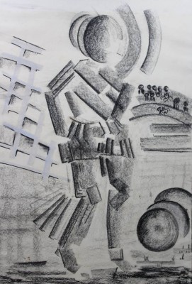 Auktion 372<br>Kohlezeichnung im kubistischen Stil, unsigniert, ungerahmt auf Pappe geklebt, ca. 70 x 50cm [1]