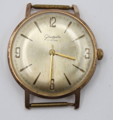 Auktion 372<br>Herren-Armbanduhr, Glashütte, 17 Rubis, Handaufzug, Werk läuft, ohne Armband, Einstellen der Zeit funktioniert nicht korrekt,  D-3,5cm [1]