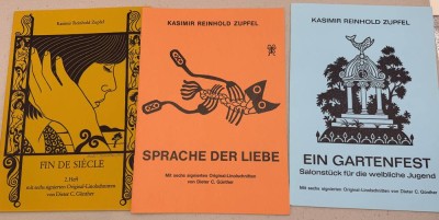 Auktion 372<br>Zupfel, Kasimir Reinhold, 3 Hefte um 1980, alle mit je 6 Orig. Linolschnitten des Cuxhavener Künstlers Dieter C. Günther, aber nur in Fin de Siecle handsigniert, alle Hefte neuwertig [1]