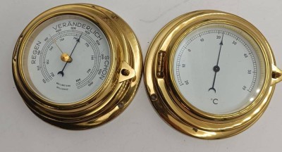 Auktion 372<br>1x Barometer, 1x Thermometzer, in maritimen Look, Messing, D-12,5 cm [1]