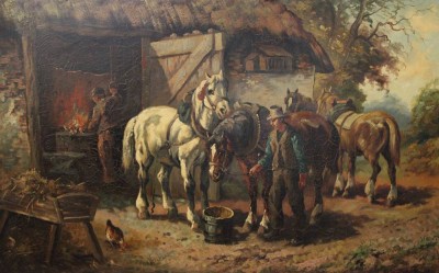 Auktion 372<br>C. Verschurr (Cornelius Wouter BOUTER (1888-1966)), Beim Schmied, Öl/Leinwand, gerahmt, RG 74 x 116cm, Sperrgut,. [1]