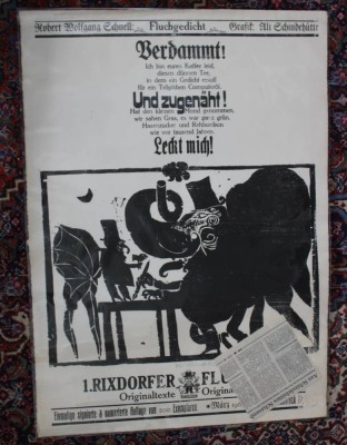 Auktion 372<br>1. Rixdorfer Flugblatt von 1967, signierte Originalgrafik v. Ali Schindehütte, Text von Norbert Wolfgang Schnell, ungerahmt, BG 70 x 50cm [1]