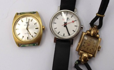 Auktion 372<br>3x div. Damen-Armbanduhren, Roamer (läuft), Habe (läuft) und Mondaine Quarz (nicht geprüft), ca. D-2cm [1]
