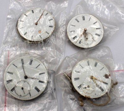 Auktion 372<br>4x div. Taschenuhr-Werke, älter, 3x laufen an, 1x defekt, Altersspuren, ca. D-4,3cm [1]