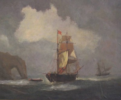Auktion 372<br>anonyme Segelschiffdarstellung, 18./19. Jhd., Öl/Leinwand, gut gerahmt, RG 74 x 84cm. [1]