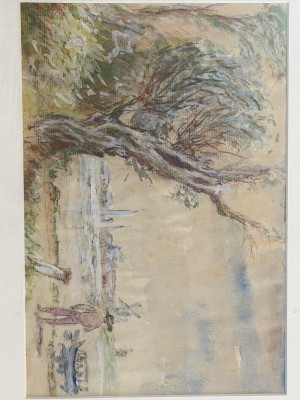 Auktion 372<br>anonym,  Flusslandschaft, ger/Glas, RG 31x41 cm [1]