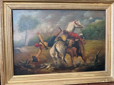 Auktion 373<br>A. Amadea oder ähnlich?, Stier wirft Reiter aus dem Sattel, Öl/Holz, ca. 44x63 cm, alt gerahmt, RG 60x78 cm, wohl 18.Jhd?? [1]