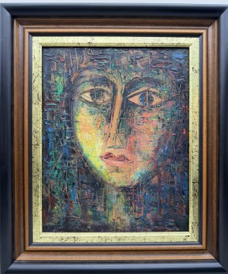 Auktion 373<br>unsign. modernes Frauenportrait, Mischtechnik auf Hartfaser, gerahmt, RG 42x46 cm [1]