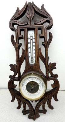 Auktion 373<br>Jugendstil-Wandwetterstation, Holz beschnitzt, H-45 cm [1]