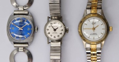 Auktion 373<br>3x div. Vintage-Damen-Armbanduhren,  Societe de Moutier (Werk läuft),  Kasper (Werk steht) und Futura (Werk läuft), ca. D-1,6 bis 2,5cm, Tragespuren [1]