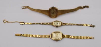Auktion 373<br>3x div. Vintage-Damen-Armbanduhren, Hein, ZenTra und Art-Déco Glashütte,  je Handaufzug, Glashütte steht, ca. 1,5 bis 2,8cm [1]