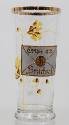 Auktion 373<br>Andenkenglas ,, Gruss aus Bruchsal '' , Emaille-Malerei und Goldrand . [1]