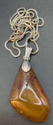 Auktion 373<br>lange Silberkette-925- mit Bernsteinanhänger, Silbermontur, Kette L-ca. 60 cm, zus. ca. 9 gr [1]