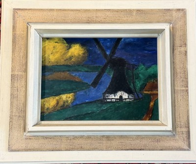 Auktion 373<br>anonym, Windmühle bei Nacht, Öl/Platte, 26x19  cm, breit gerahmt, RG 37x45 cm [1]